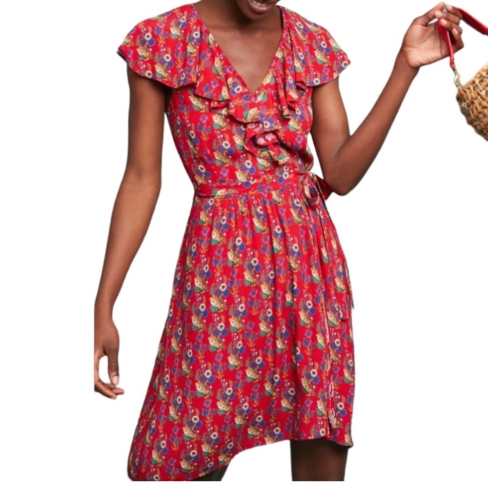 Anthropologie Maeve Rosalia Multi-Color Red Floral midi Faux Wrap Dress Size 6